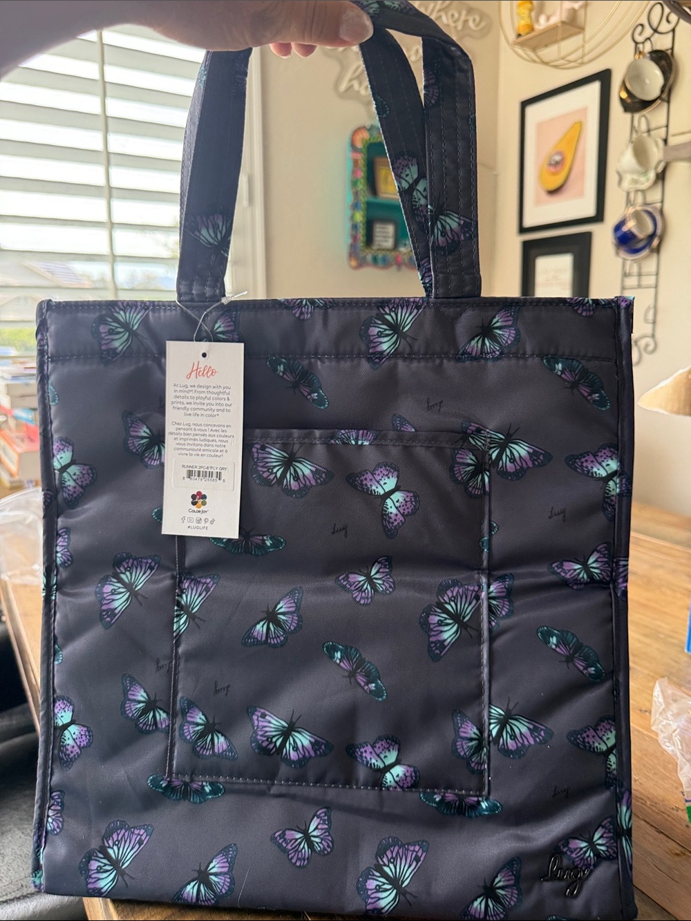 NWT lug charcoal grey Tote with Teal and Purple Butterfly Print